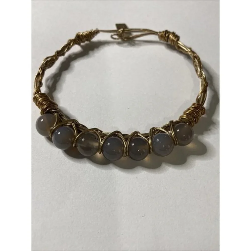 Canvas Bracelet Gold Tone Beaded Gray  Wrapped‎ Wire Hook closure